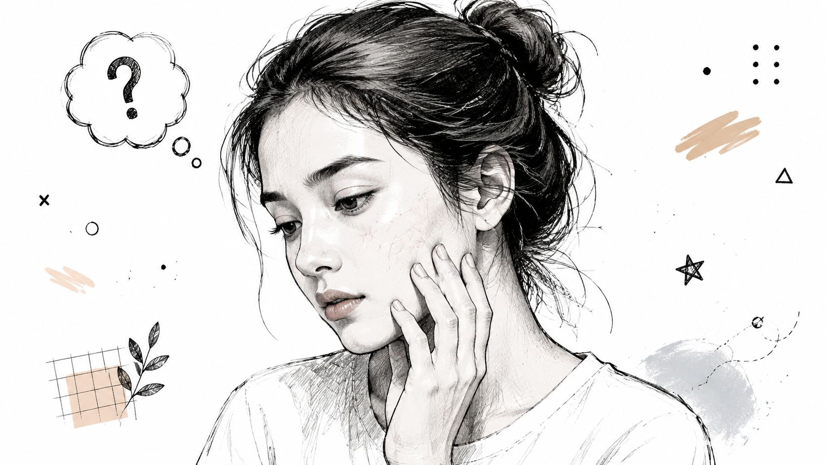 A detailed pencil sketch of a young woman thoughtfully touching her face with visible skin texture.
