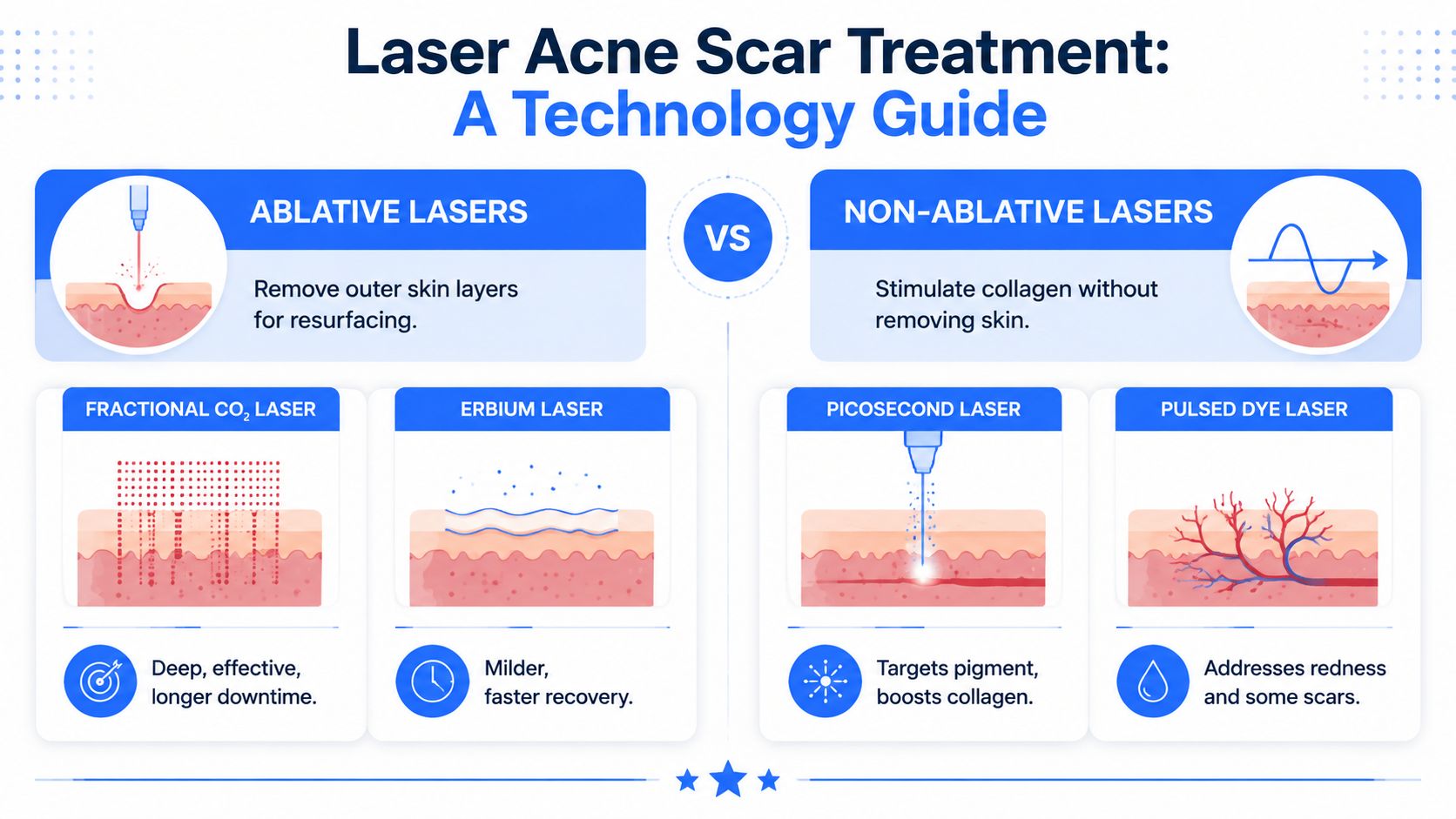 A comparison guide for laser acne scar treatments showing differences between ablative and non-ablative laser skin technologies.