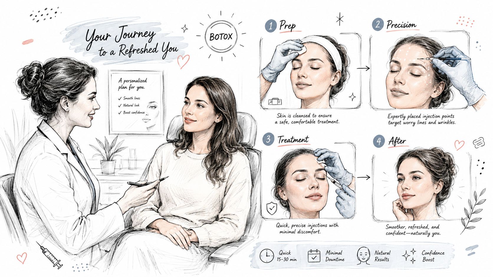 A detailed illustration explaining the four-step Botox injection process, from consultation to final refreshed results.
