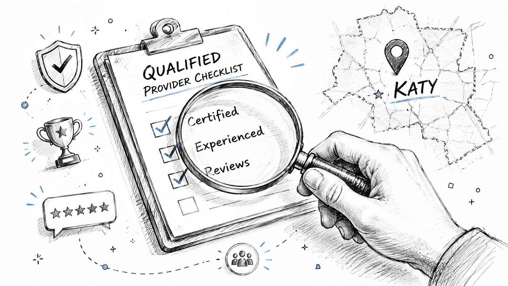 A hand holding a magnifying glass over a Qualified Provider Checklist with certified, experienced, and reviews items.