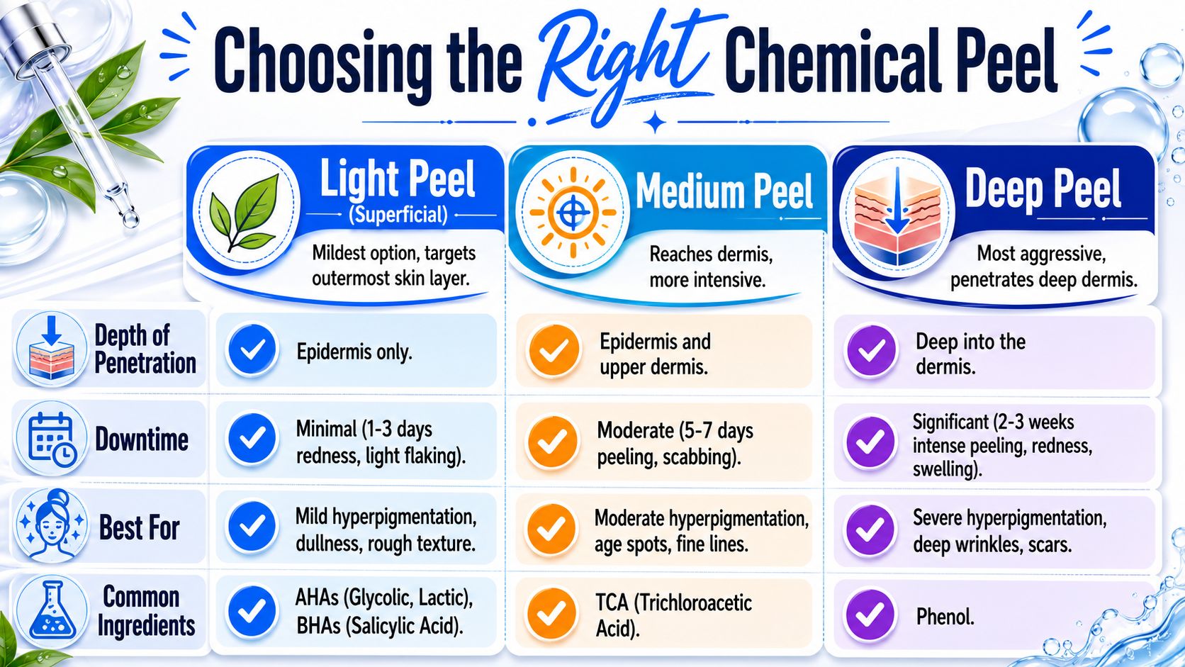 A comparison chart explaining the differences between light, medium, and deep chemical peels for skin treatment.