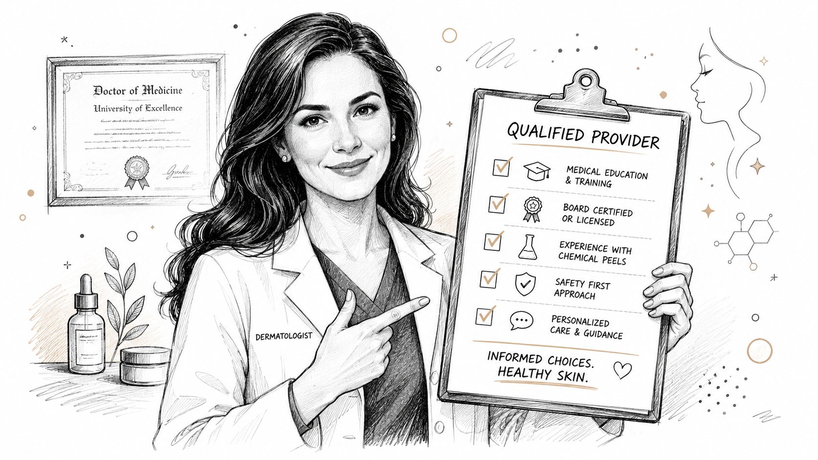 A professional dermatologist holding a checklist that outlines the qualifications for a safe chemical peel provider.