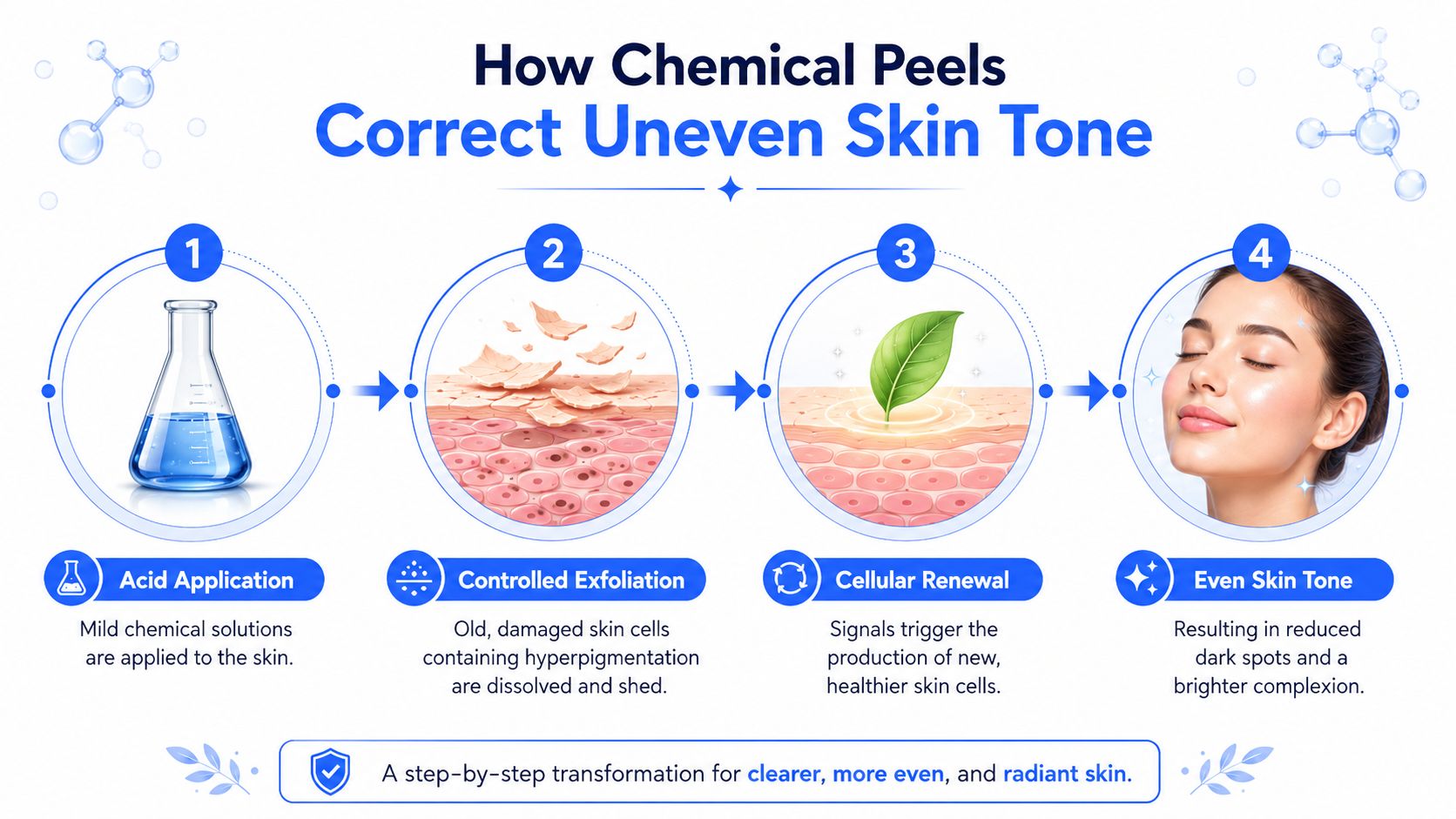 An infographic showing the four-step process of how chemical peels work to improve skin tone.