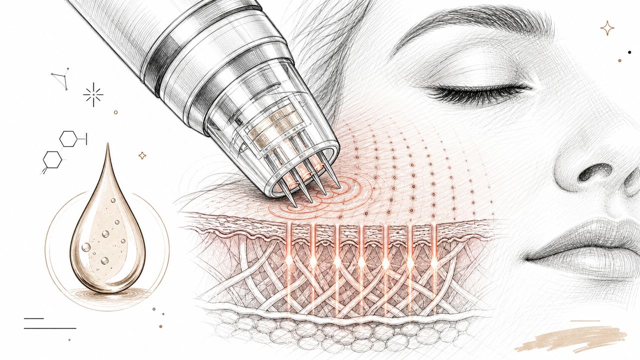 A pencil sketch illustration showing a microneedling device treating skin with regenerative serum and tissue layers.