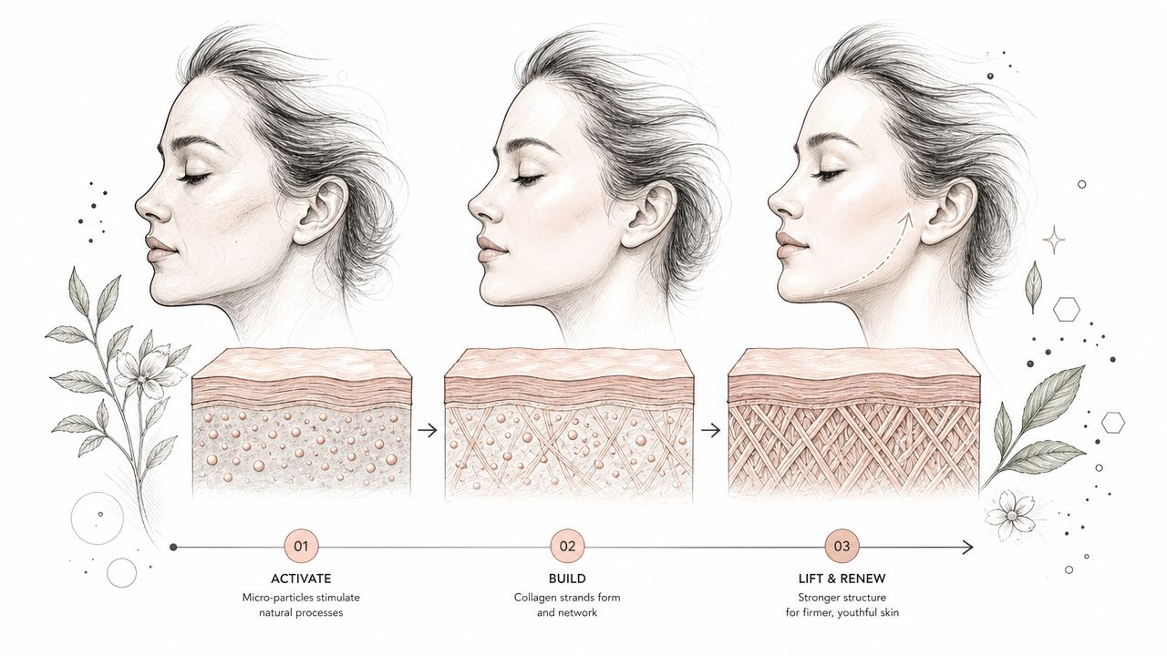A diagram illustrating the skin rejuvenation process through three stages: activation, building collagen, and lifting skin.