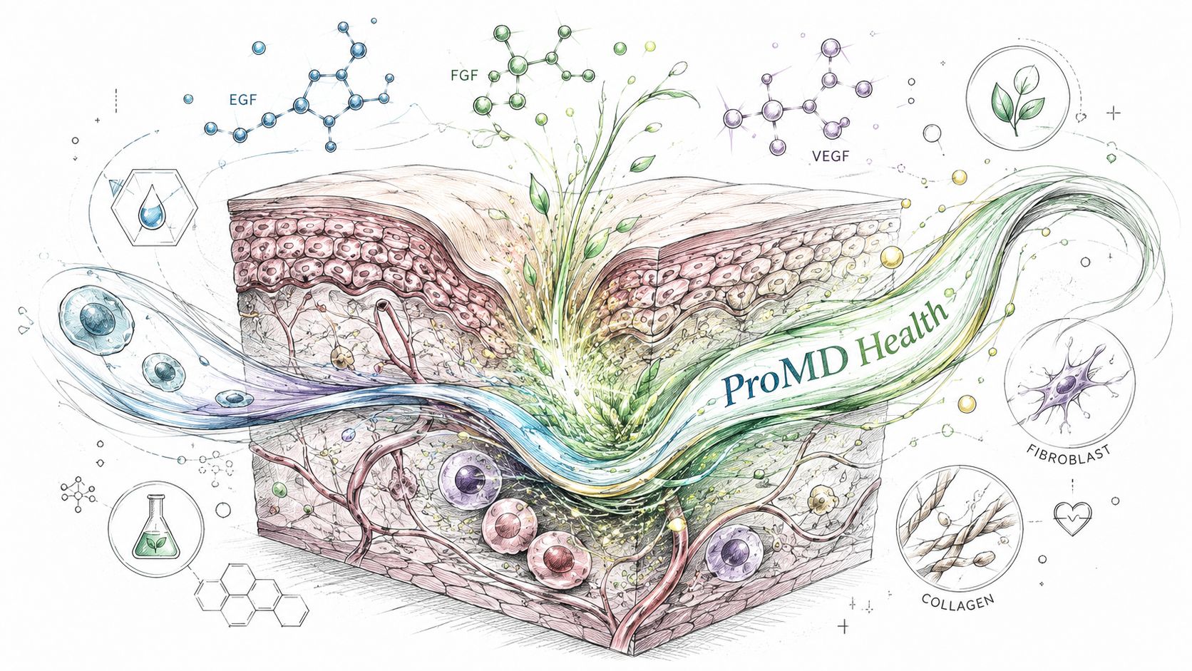 A biological illustration showing skin layers, growth factors, and cellular regeneration for advanced medical skin repair.