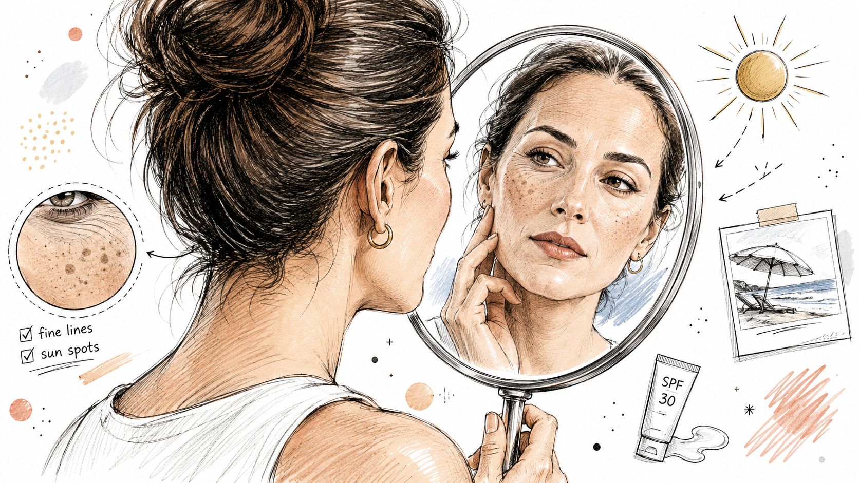 A woman looks in a mirror at signs of sun damage like fine lines and dark spots.