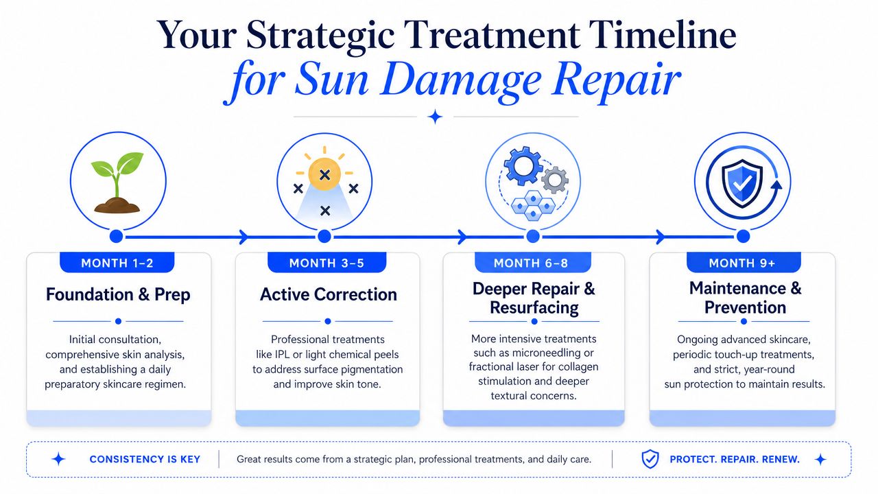 A strategic four-stage timeline infographic for professional sun damage skin repair and maintenance treatments.