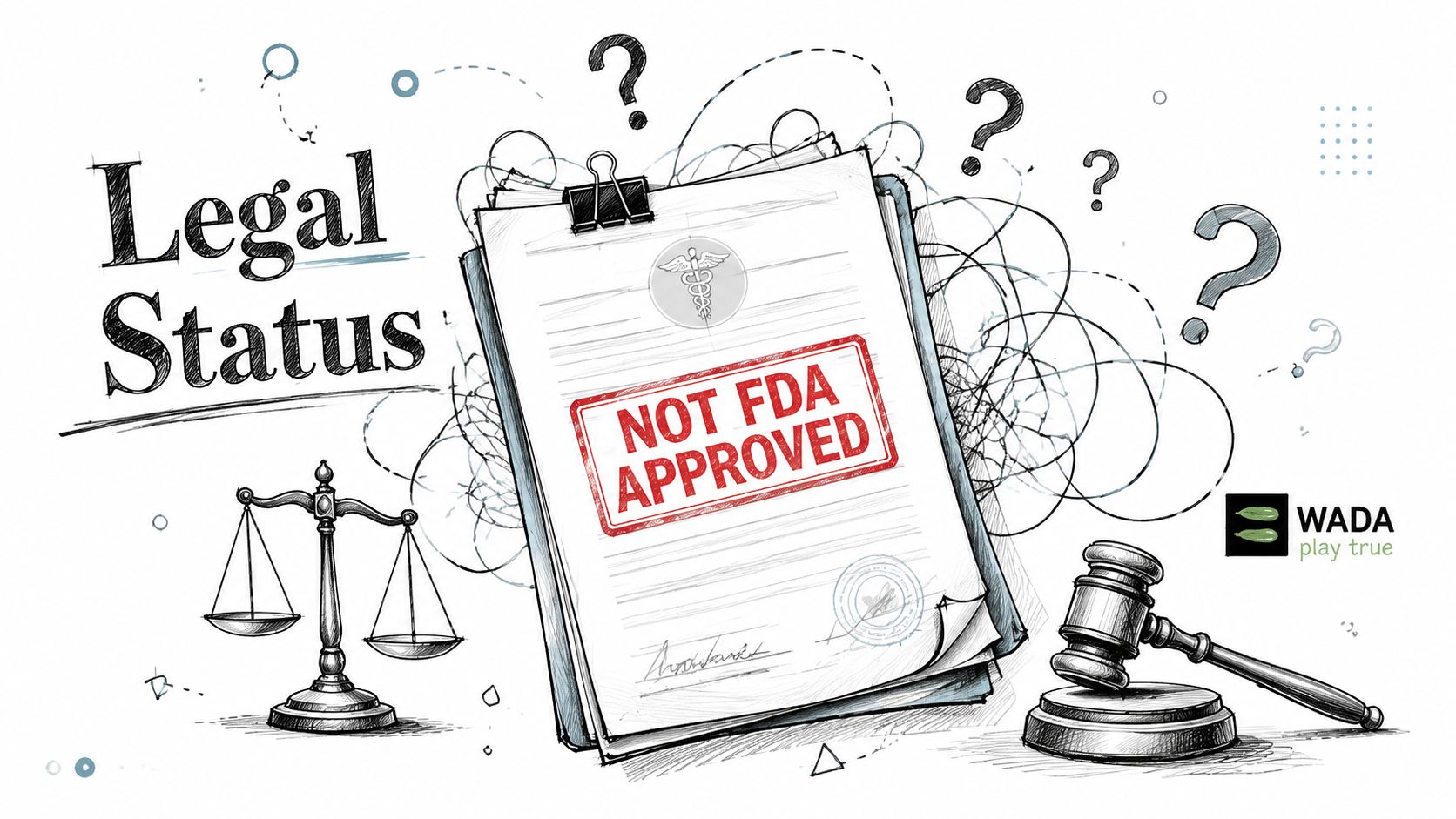 A document labeled NOT FDA APPROVED with a gavel and balance scale on a white background.