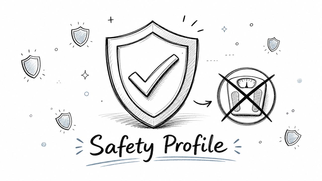 A hand-drawn illustration featuring a shield with a checkmark, symbolizing a positive safety profile regarding body weight.